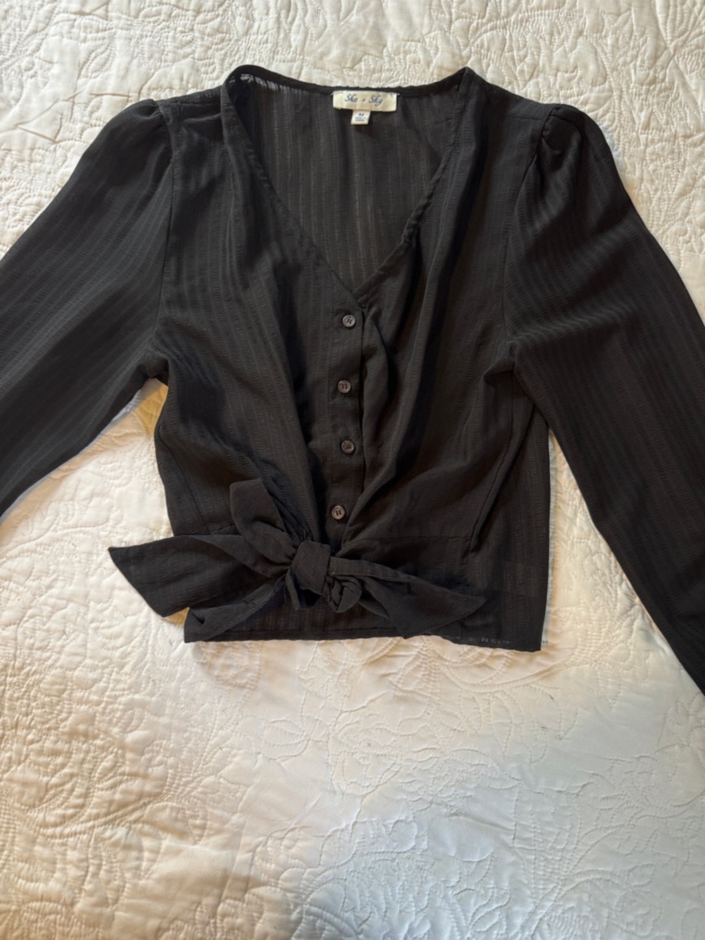She + Sky Black Tie-Front V-Neck Long Sleeve Blouse